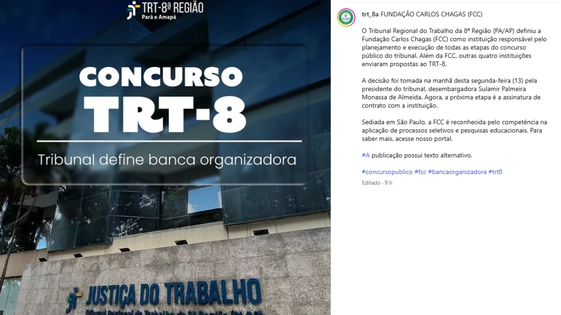 Concurso TRT 8 2026: FCC é escolhida como banca do novo edital